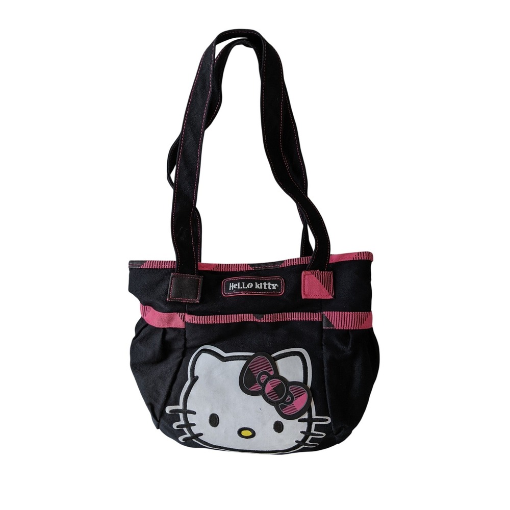Hello Kitty Canvas Tote Bag Black Pink Embroidered Character‎ Shoulder Bag Y2K